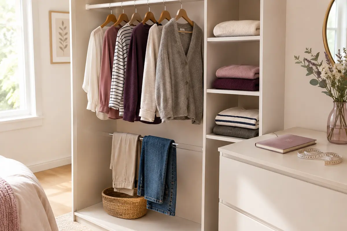 Garde-robe féminine organisée avec des vêtements polyvalents et un carnet pour préparer ses achats.