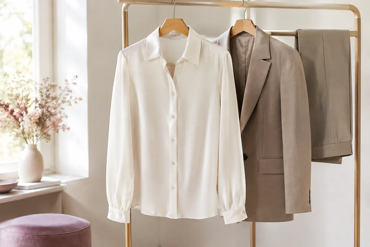 Chemisier de bureau posé près d’un blazer et d’un pantalon, pour illustrer une tenue facile à assortir