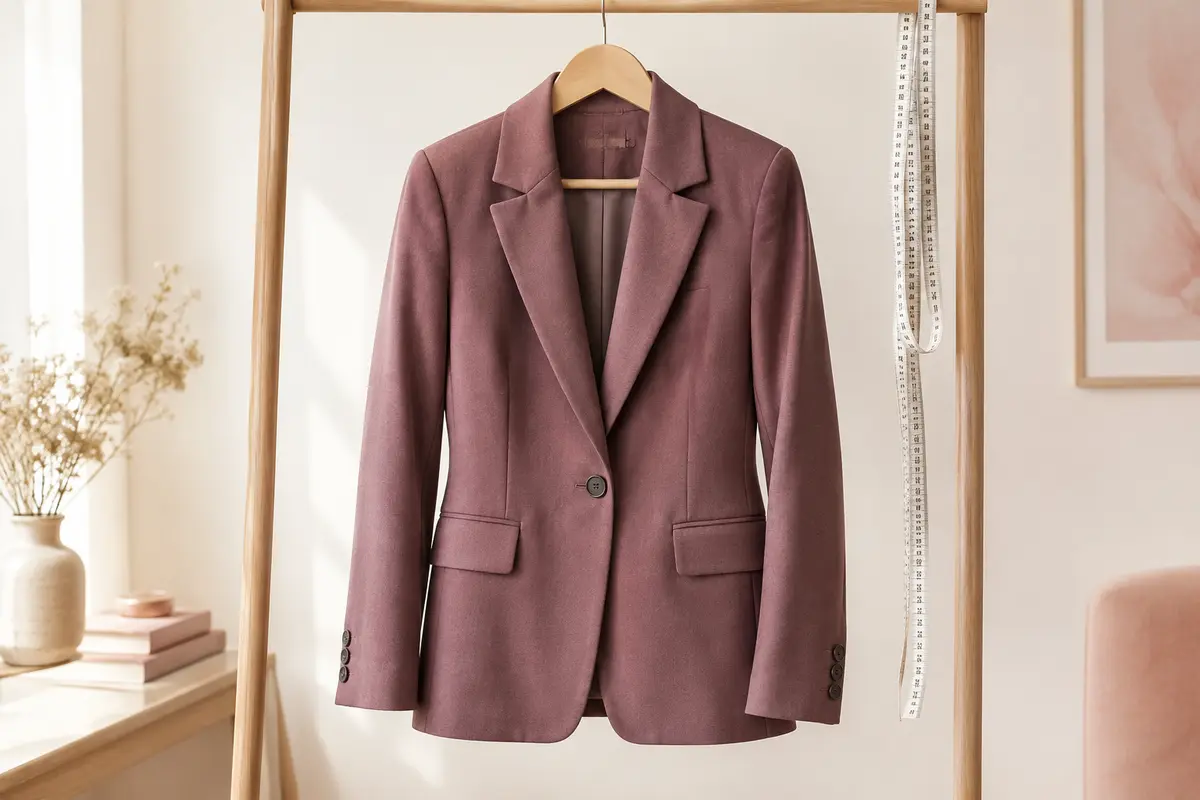 Blazer sur cintre avec épaules, manches et fermeture visibles, accompagné d’un mètre ruban.