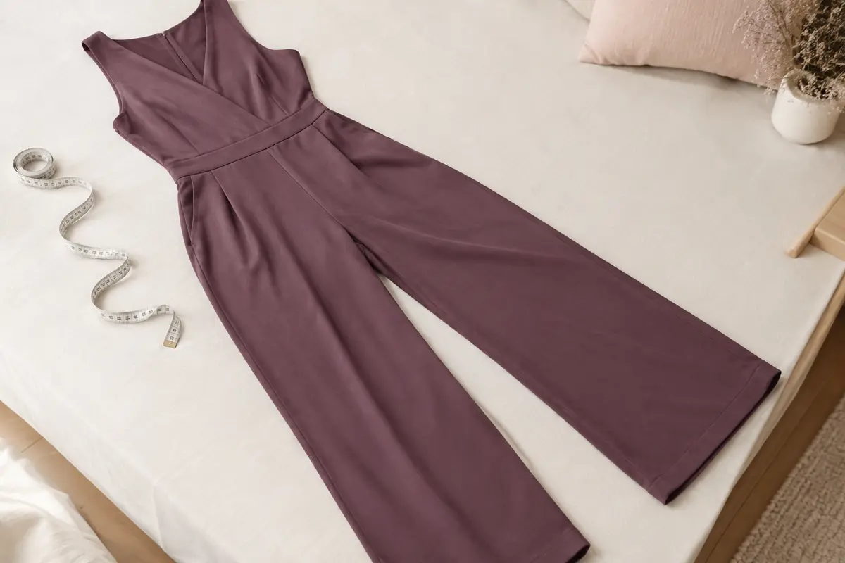 Combinaison pantalon étendue à plat avec un mètre ruban pour vérifier ses mesures.