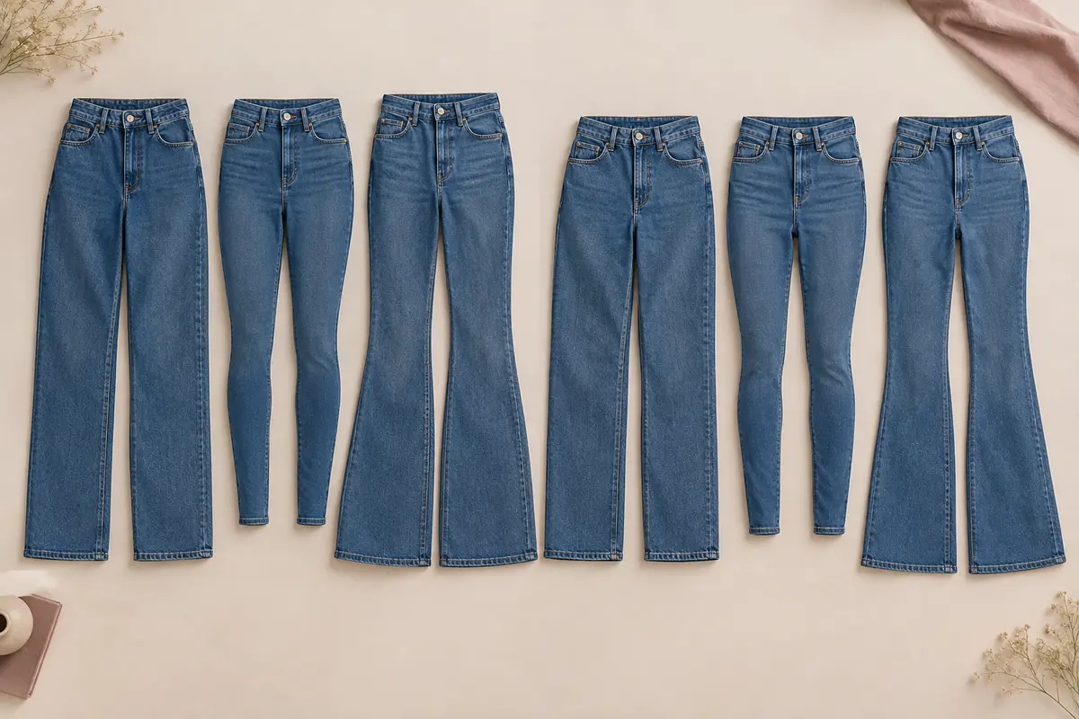 Jeans en denim bleu comparant tailles haute et moyenne et coupes droite, ajustée et évasée