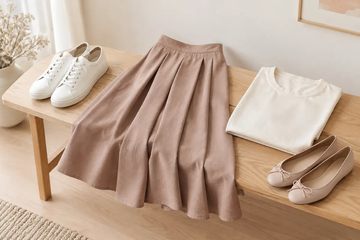 Jupe midi associée à des baskets, des mocassins, des bottines, un T-shirt et un pull