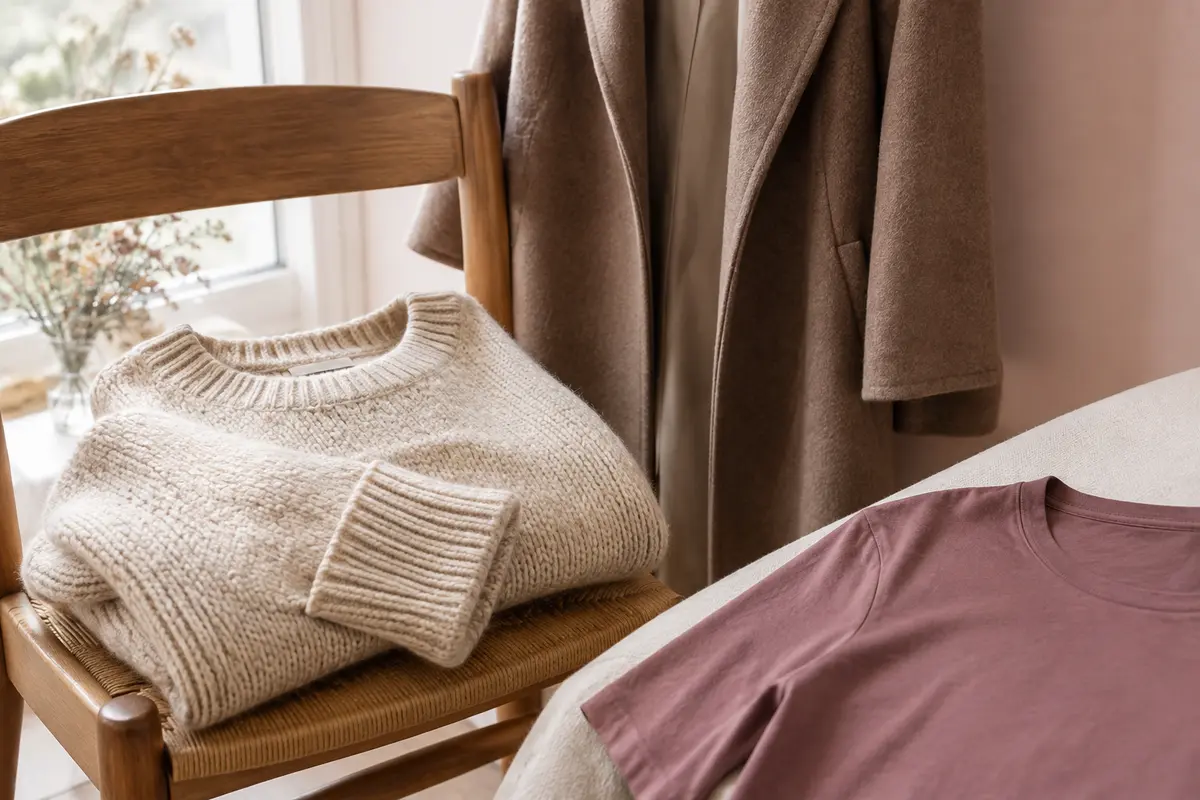 Pull en maille plié près d’un manteau et d’un t-shirt pour illustrer la superposition des couches