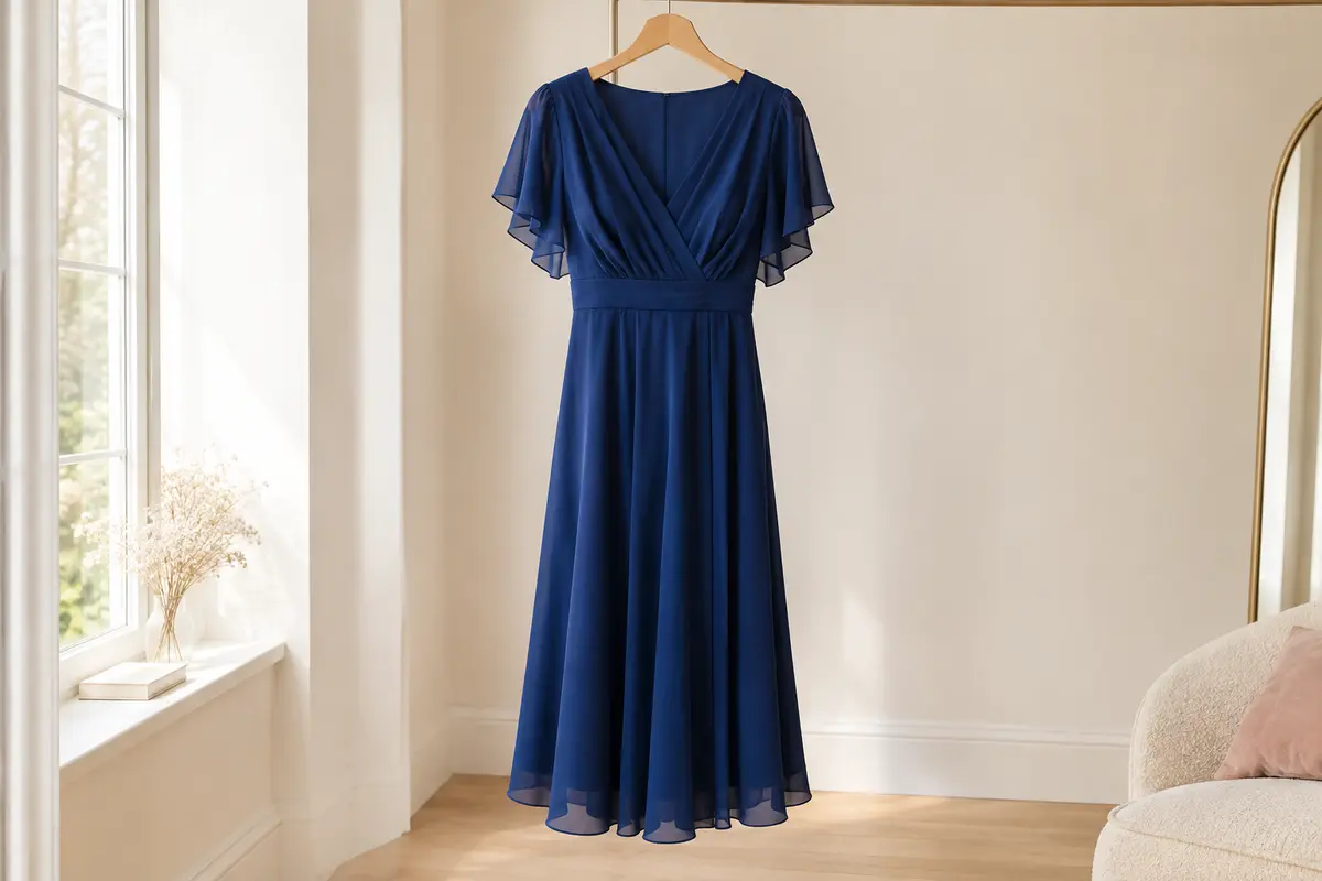 Robe midi bleu profond sur cintre, éclairée par une lumière naturelle dans un intérieur sobre