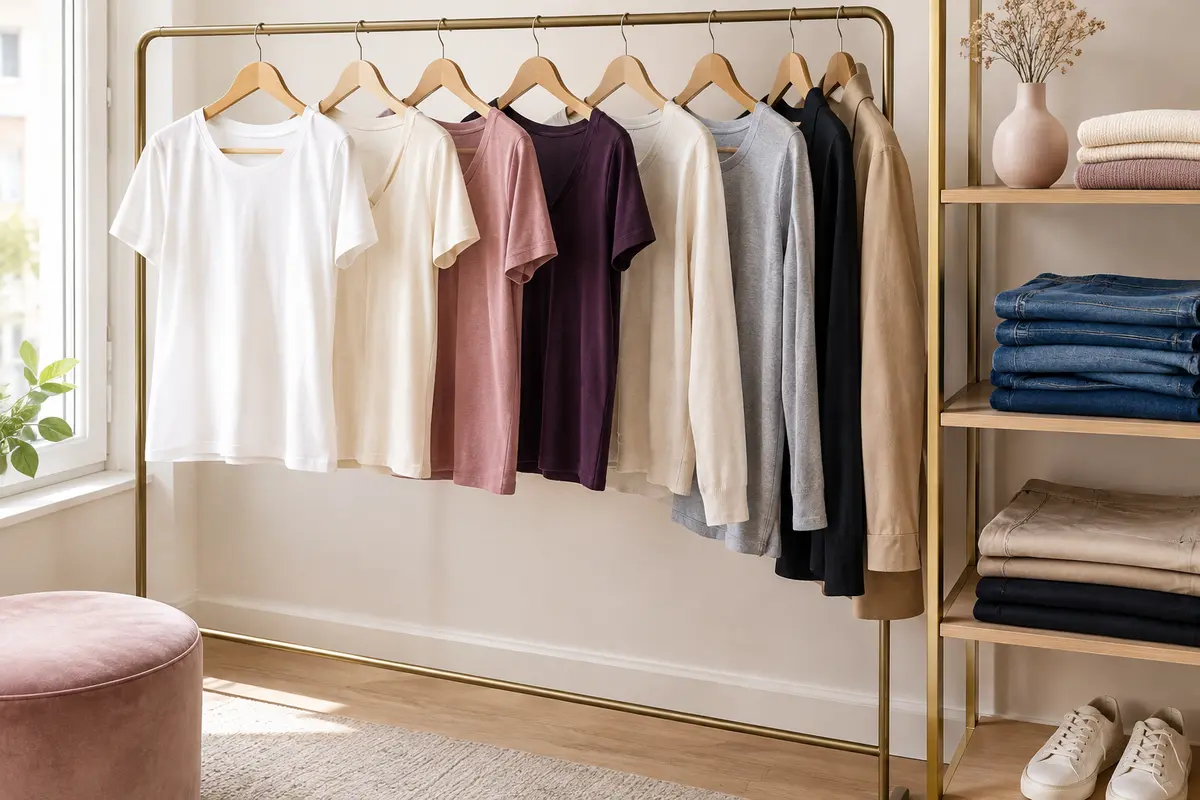 T-shirts aux encolures et manches variées associés à un jean et un pantalon dans un vestiaire