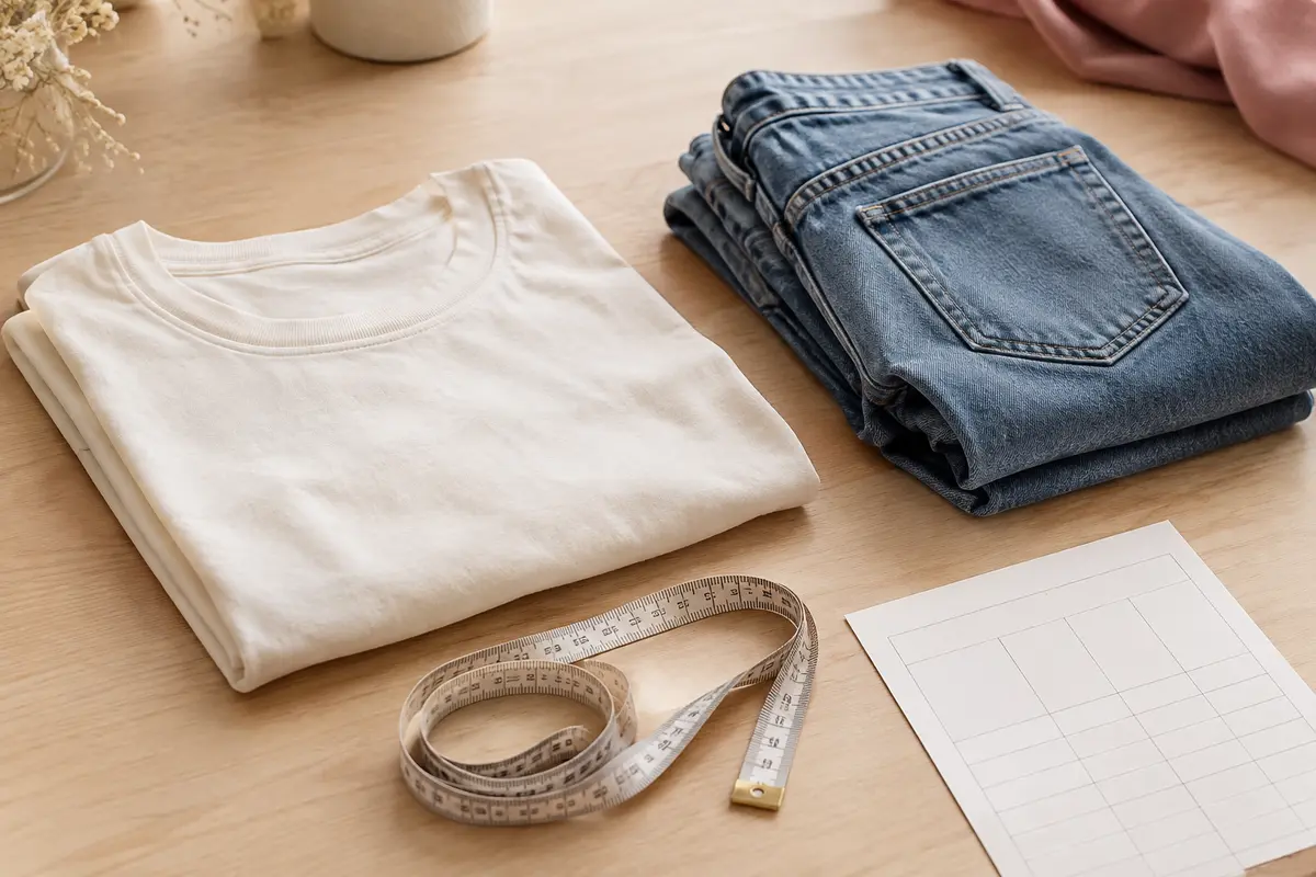 T-shirt et jean pliés près d’un mètre ruban et d’une fiche de mesures vierge