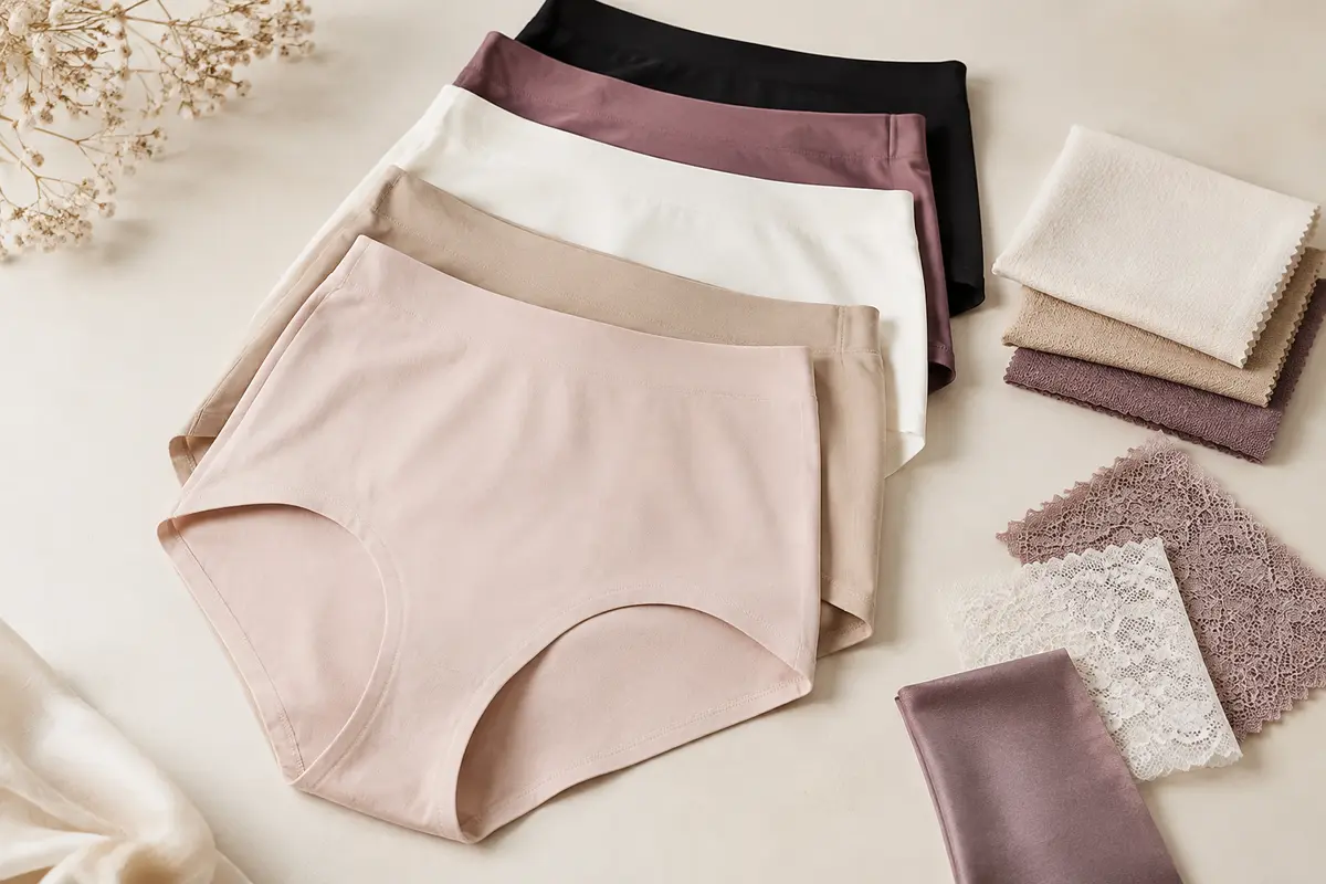 Culottes de différentes coupes et échantillons de matières neutres présentés pour comparer confort et finitions.