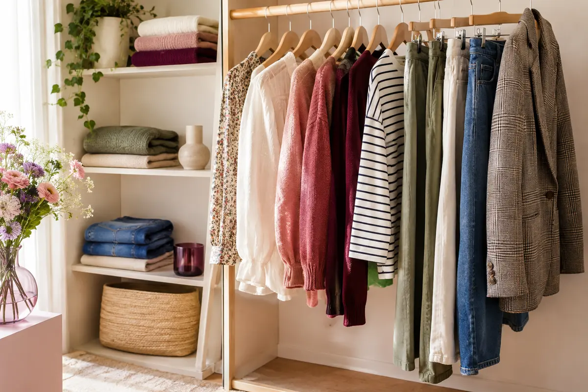 Vêtements féminins coordonnés et pliés dans un dressing lumineux, entre pièces neutres et touches de couleur.
