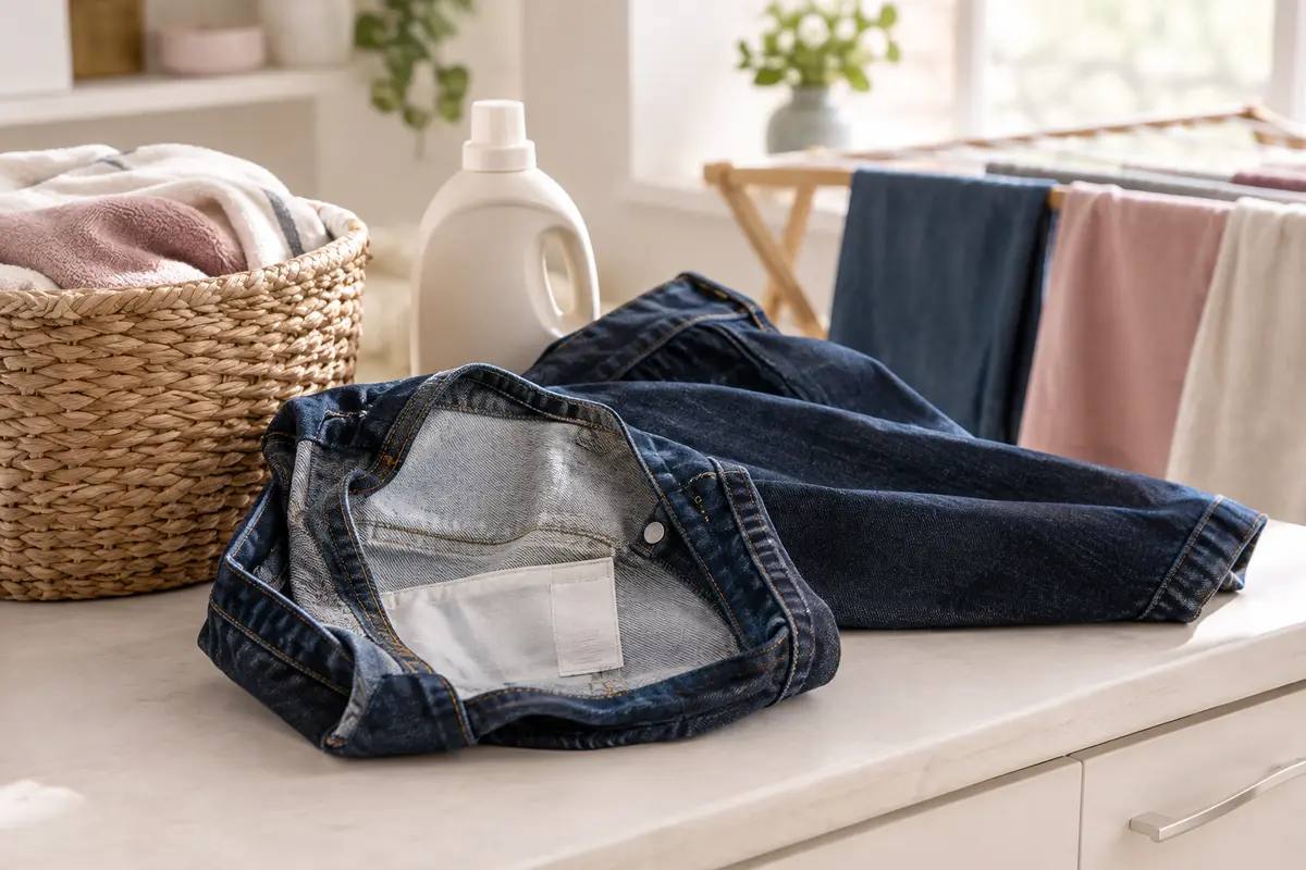Jean bleu foncé retourné sur l’envers près d’un panier de linge, prêt pour un lavage doux.
