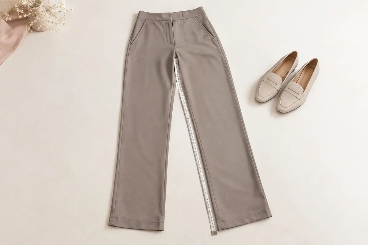 Pantalon posé à plat avec un mètre ruban le long de la couture intérieure pour mesurer l’entrejambe.