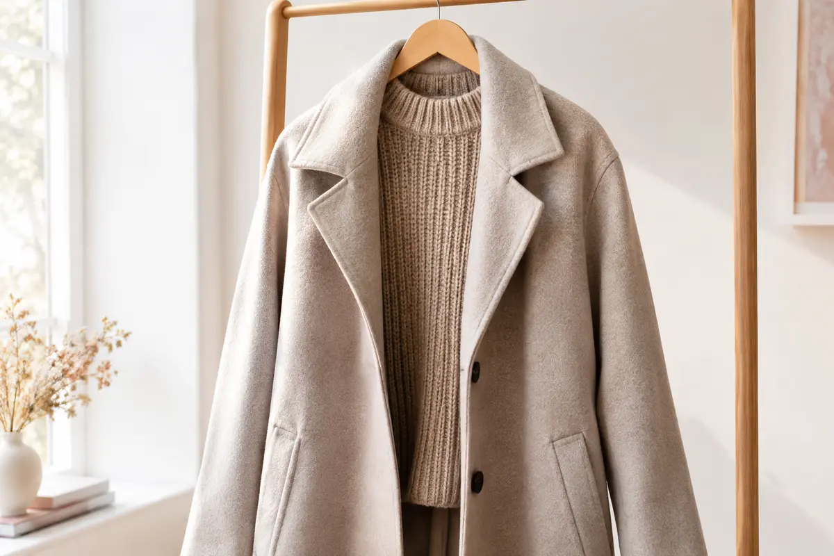 Manteau d’hiver ouvert sur un pull épais, illustrant l’aisance nécessaire pour superposer les couches.