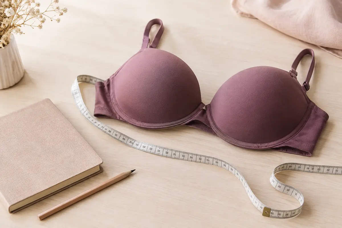 Mètre ruban souple posé autour d’un soutien-gorge sur une surface claire, évoquant la prise de mesure.