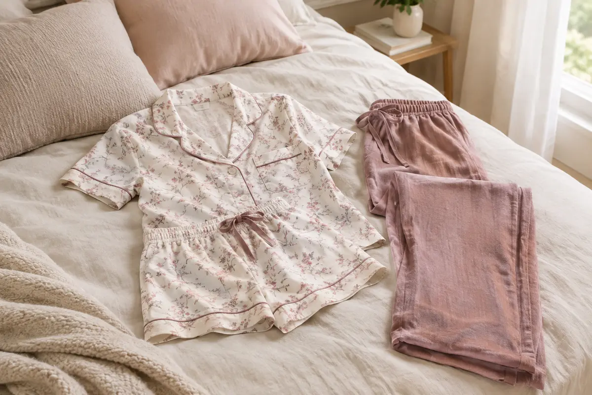 Pyjama court en coton et pantalon long posés sur un lit clair, pour comparer les tenues de nuit.