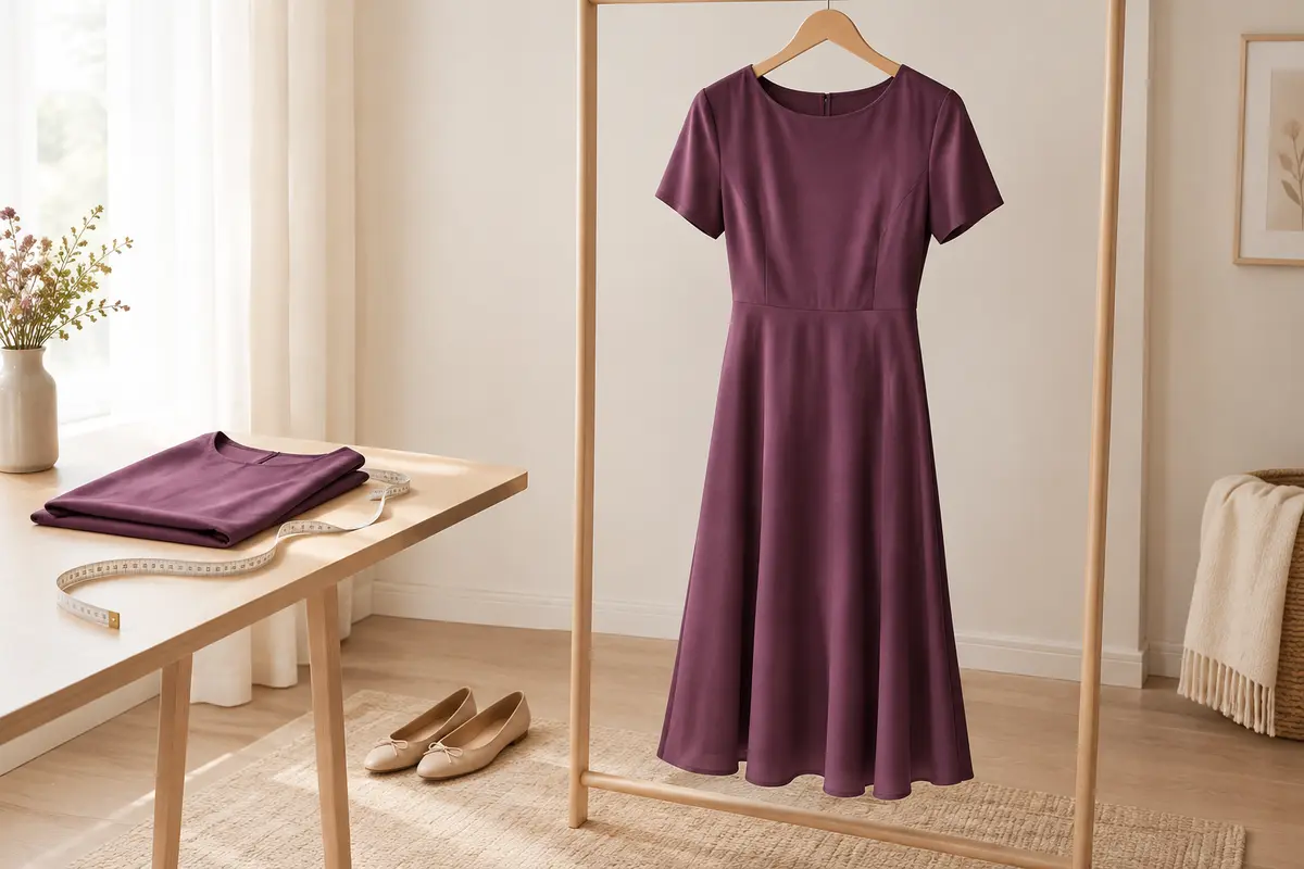 Robe midi sur cintre avec mètre ruban et chaussures plates pour comparer la longueur