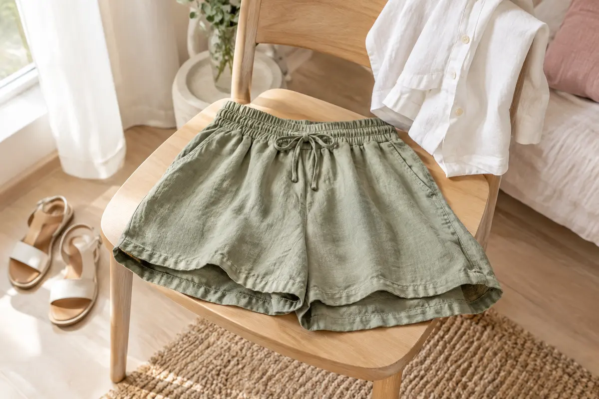 Short d’été ample posé sur une chaise, accompagné d’une chemise légère et de sandales.