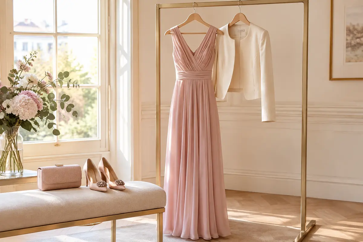Tenue d’invitée de mariage avec robe, veste légère, chaussures habillées et pochette coordonnée.