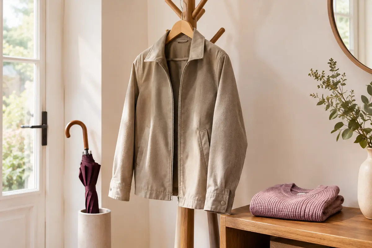 Veste de mi-saison près d’un pull fin et d’un parapluie, prête pour une météo changeante