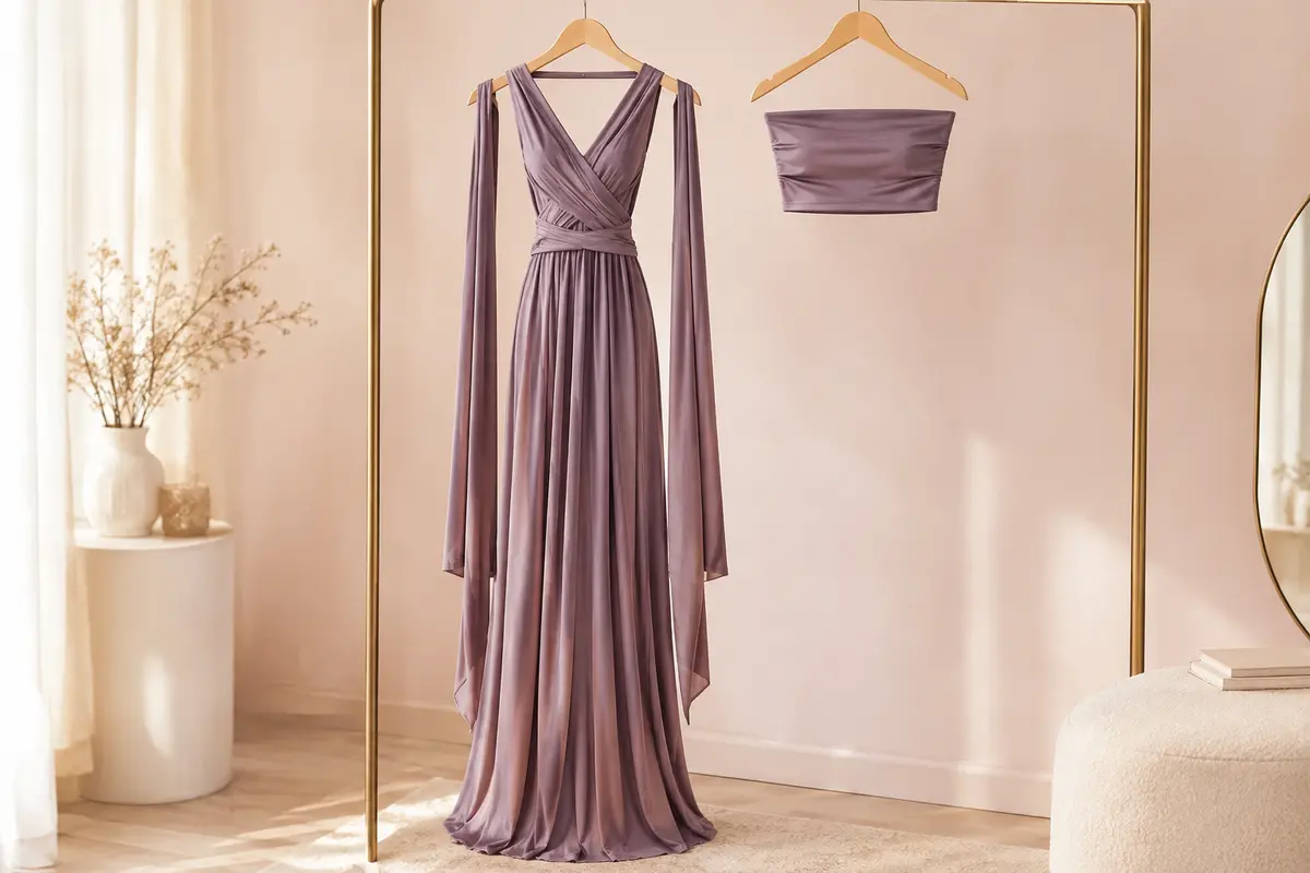 Robe longue infinity à nouer sur cintre, avec haut tubulaire coordonné posé à côté