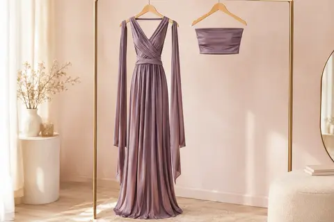 Robe longue infinity à nouer sur cintre, avec haut tubulaire coordonné posé à côté