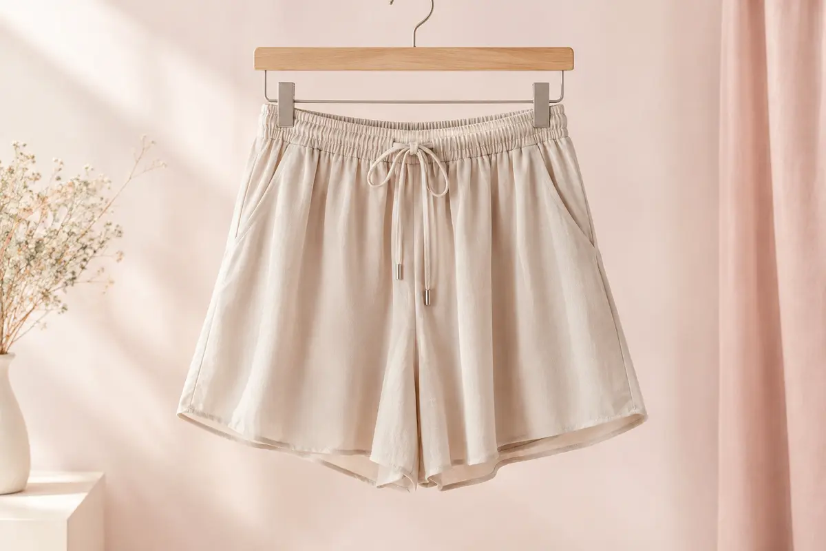 Short femme ample en polyester, avec taille haute élastique, cordon de serrage et poches.