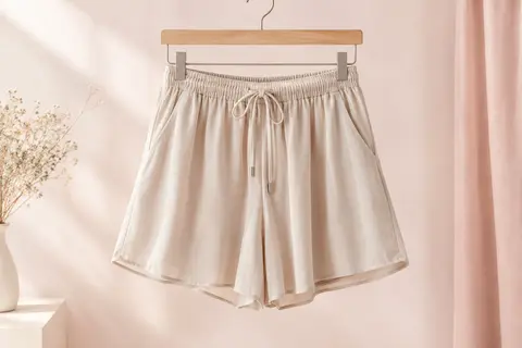 Short femme ample en polyester, avec taille haute élastique, cordon de serrage et poches.