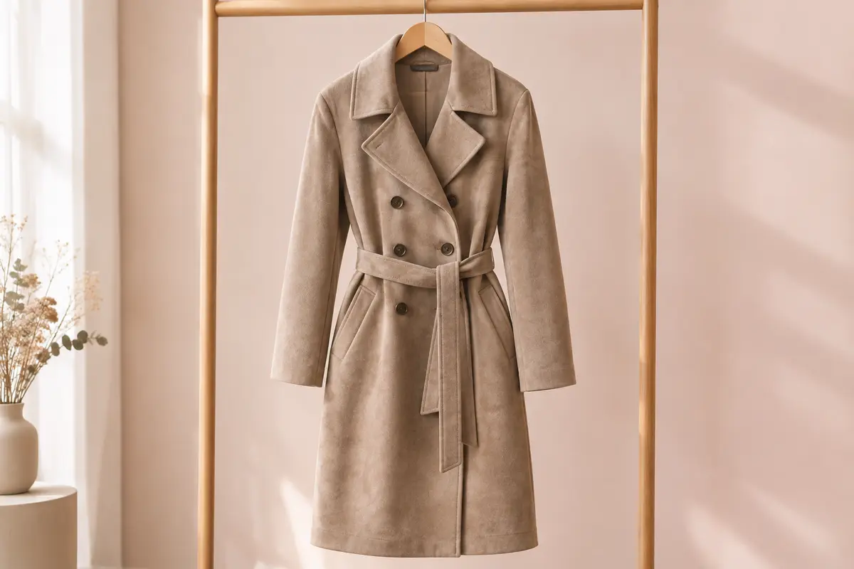 Manteau femme en faux daim à double boutonnage, avec ceinture amovible, col à revers et poches obliques