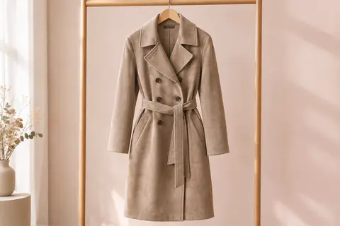 Manteau femme en faux daim à double boutonnage, avec ceinture amovible, col à revers et poches obliques