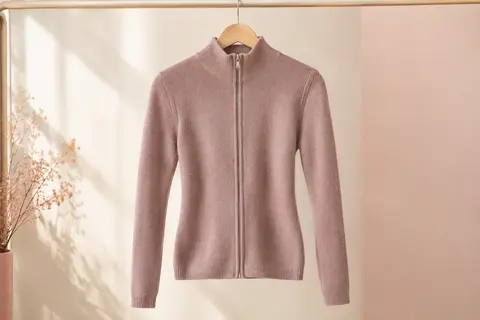 Gilet femme en maille fine à col montant et fermeture éclair, présenté seul sur un cintre