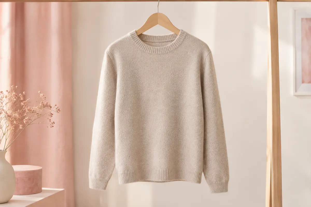 Pull uni en maille mélangée à col rond, suspendu sur un cintre dans un décor clair