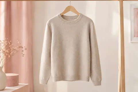Pull uni en maille mélangée à col rond, suspendu sur un cintre dans un décor clair