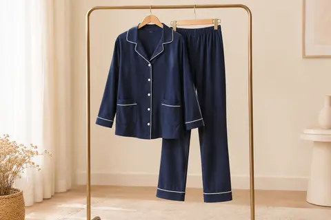 Ensemble de pyjama femme bleu foncé à manches longues, avec détails contrastés et poches latérales.