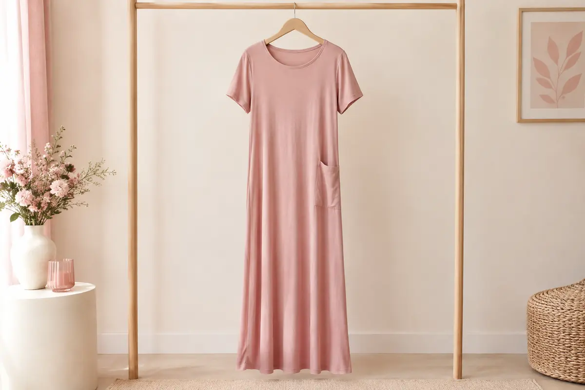 Robe maxi AUSELILY à manches courtes et col rond, présentée seule sur un cintre.