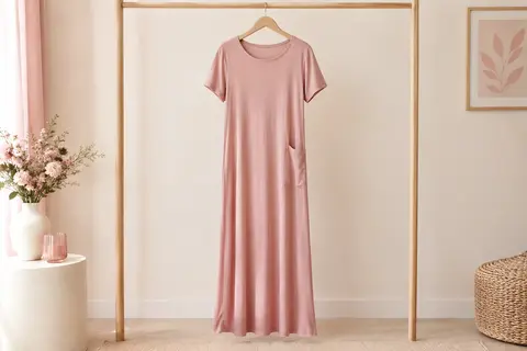 Robe maxi AUSELILY à manches courtes et col rond, présentée seule sur un cintre.