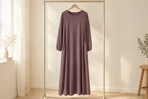 Robe maxi unie à manches longues et poches latérales présentée sur un cintre devant un fond ivoire