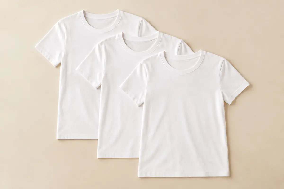 Trois t-shirts femme en coton à manches courtes et col rond, présentés à plat sur un fond ivoire