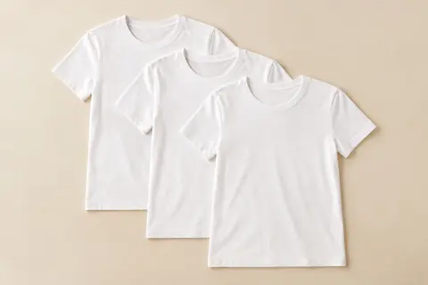 Trois t-shirts femme en coton à manches courtes et col rond, présentés à plat sur un fond ivoire