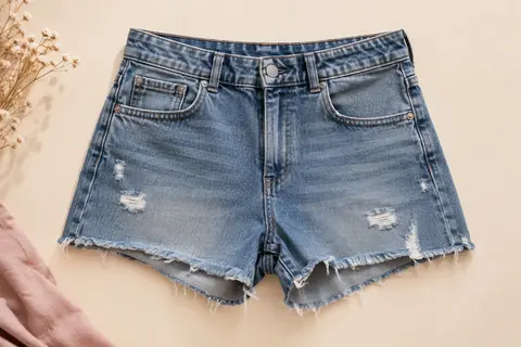 Short en denim extensible avec poches, fermeture boutonnée et ourlet effiloché présenté à plat sur fond ivoire.