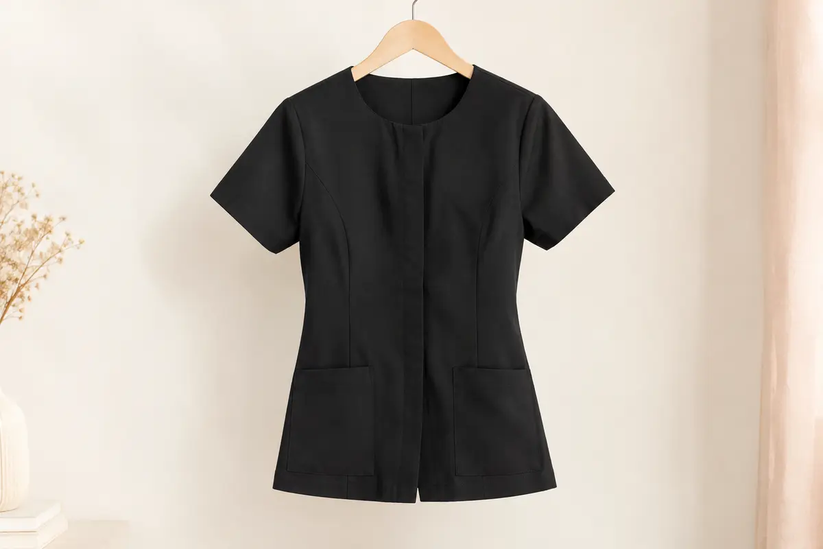 Blouse de travail noire ajustée à manches courtes, avec deux poches et fermeture dissimulée sur cintre.