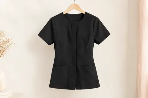 Blouse de travail noire ajustée à manches courtes, avec deux poches et fermeture dissimulée sur cintre.