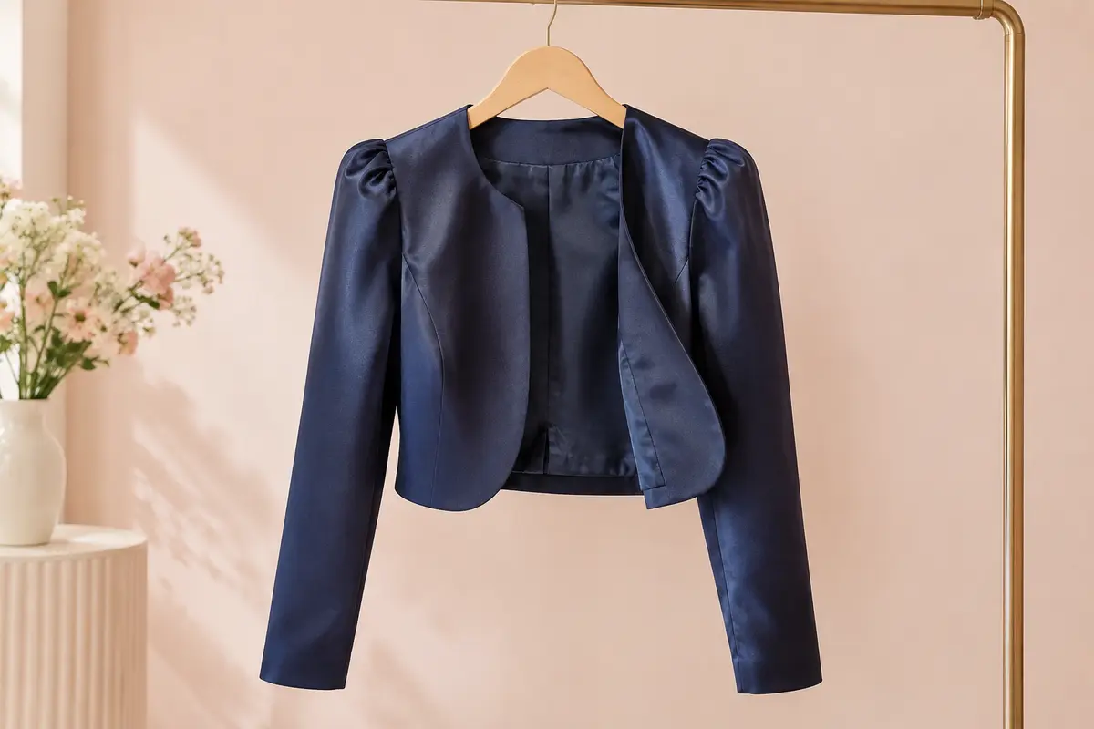 Veste boléro en satin brillant à manches longues et épaules froncées, présentée seule sur un cintre.