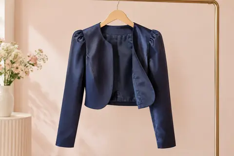 Veste boléro en satin brillant à manches longues et épaules froncées, présentée seule sur un cintre.