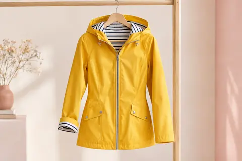 Ciré femme jaune sur cintre, avec capuche et doublure intérieure en jersey rayé de style marin