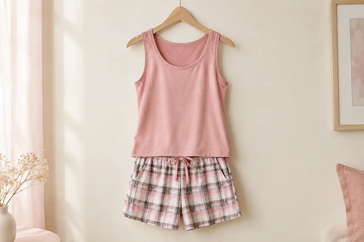 Pyjama court femme composé d’un débardeur uni sans manches et d’un short à carreaux avec poches.