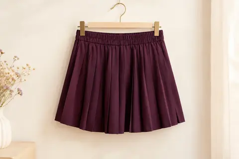 Jupe plissée mini prune à taille élastique présentée seule dans un décor ivoire lumineux.