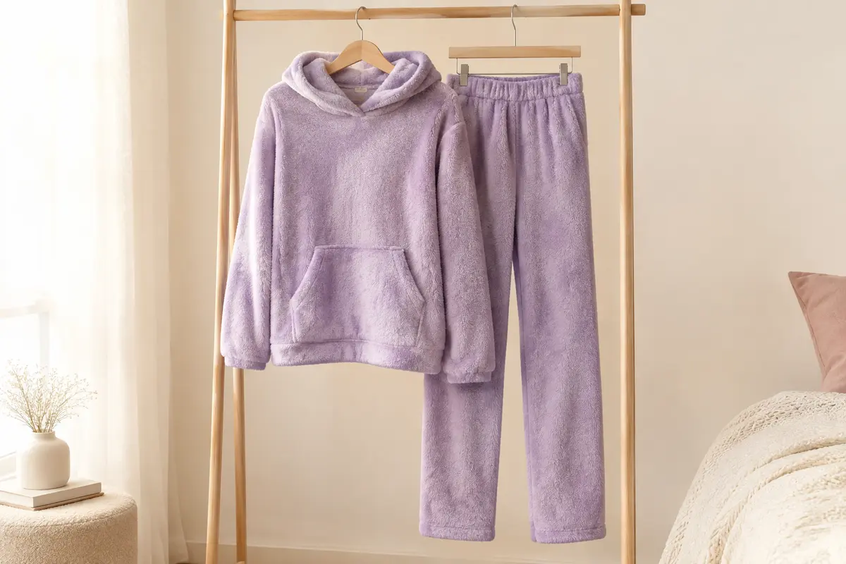 Pyjama femme en polaire avec haut à capuche et bas assorti, présenté seul sur un cintre.