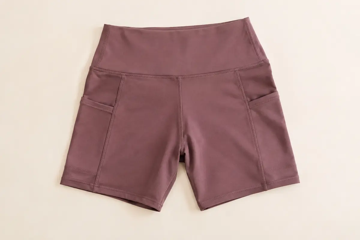 Short de sport COTOP à taille haute et poches latérales, présenté à plat sur un fond ivoire.