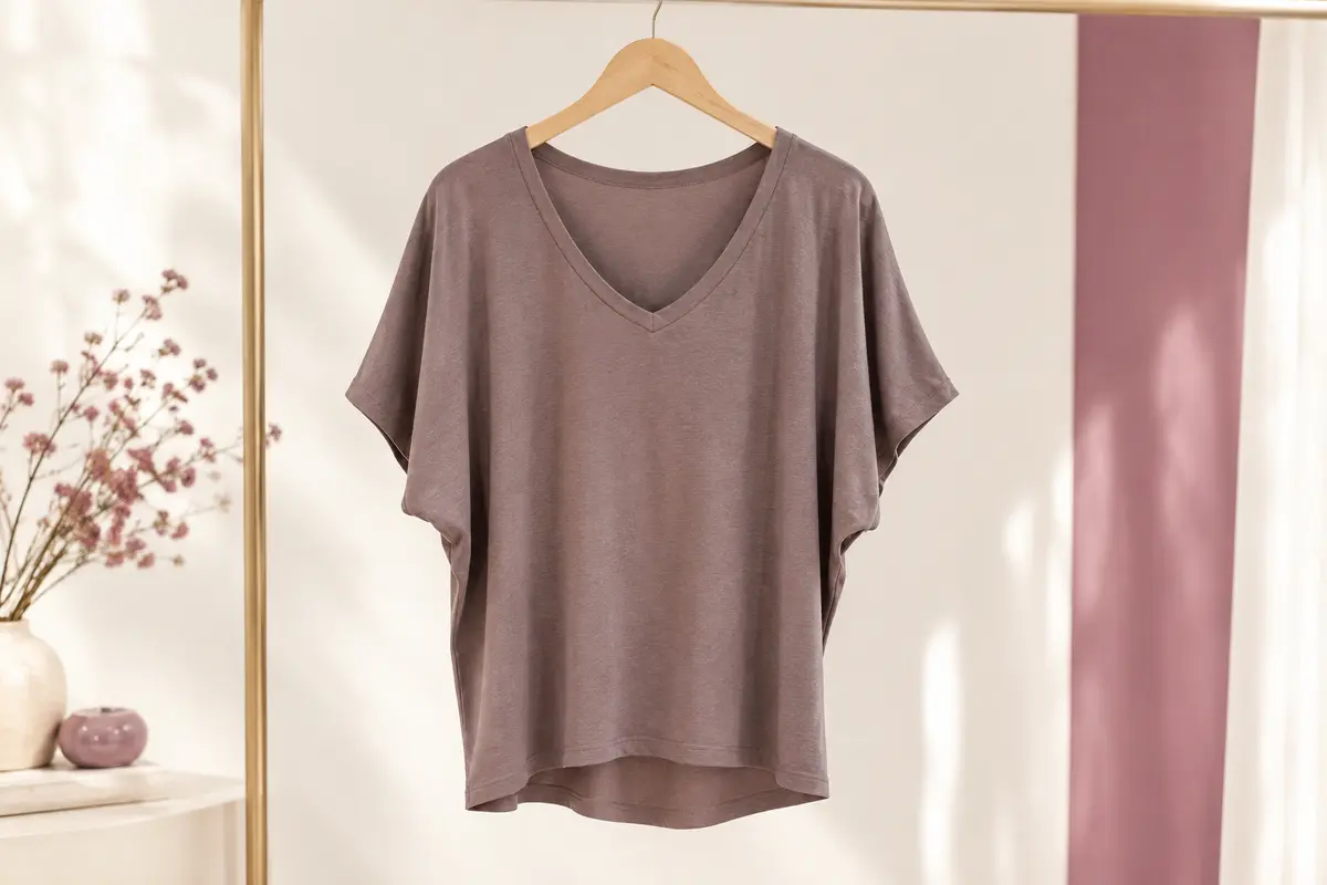 T-shirt femme uni à col V et manches courtes chauve-souris présenté sur un cintre dans un décor ivoire.