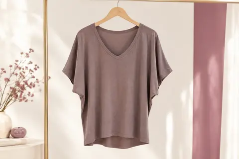 T-shirt femme uni à col V et manches courtes chauve-souris présenté sur un cintre dans un décor ivoire.
