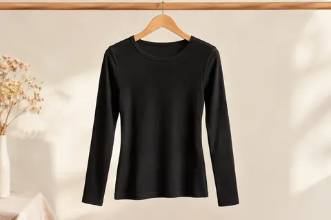 T-shirt thermique noir à manches longues en fine côte, suspendu sur un cintre devant un fond ivoire