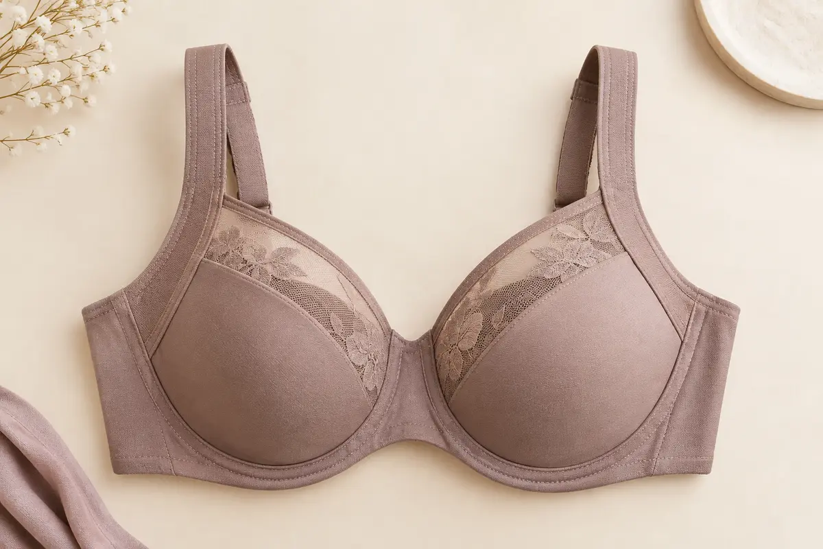 Soutien-gorge Dim Generous Classic à armatures, avec bretelles larges et détails en tulle, présenté sur fond ivoire.